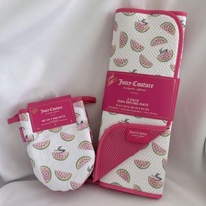 Juicy Couture Set of 2 Pink Watermelon Oven Mitts and 2 Dish Drying Mats - NWT